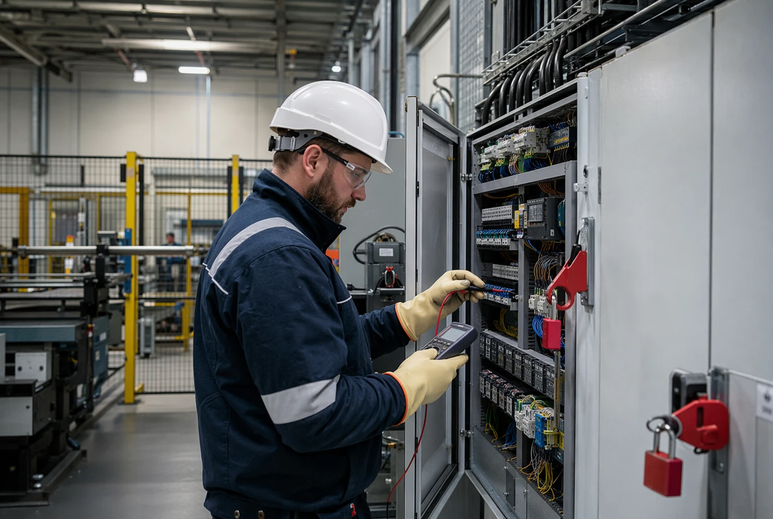 Facilities manager and electrician inspecting a distribution board in Bedworth